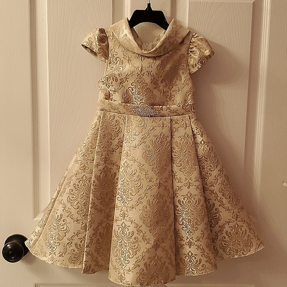 Kiki Kids Beautiful Cream & Gold Demask Dress - Picture 2 of 5